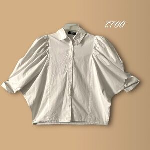 ITOO Italy Cotton White Puff Sleeve Top Blouse Collar Cuff Sleeve Button  SZ M